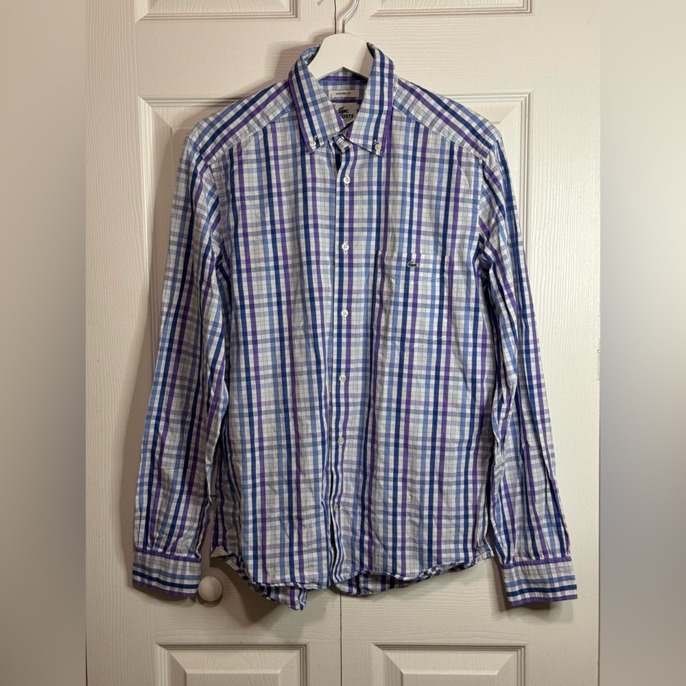Lacoste Blue Purple Plaid Button Up Dress Shirt Men Size 40
